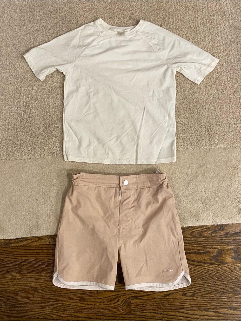Minnow boys board shorts size 7/8 tan adjustable waist swimsuit trunks